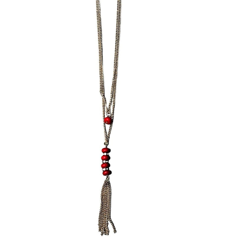 2/$15 - Multi Stone Tassel Necklace & Earrings - Red